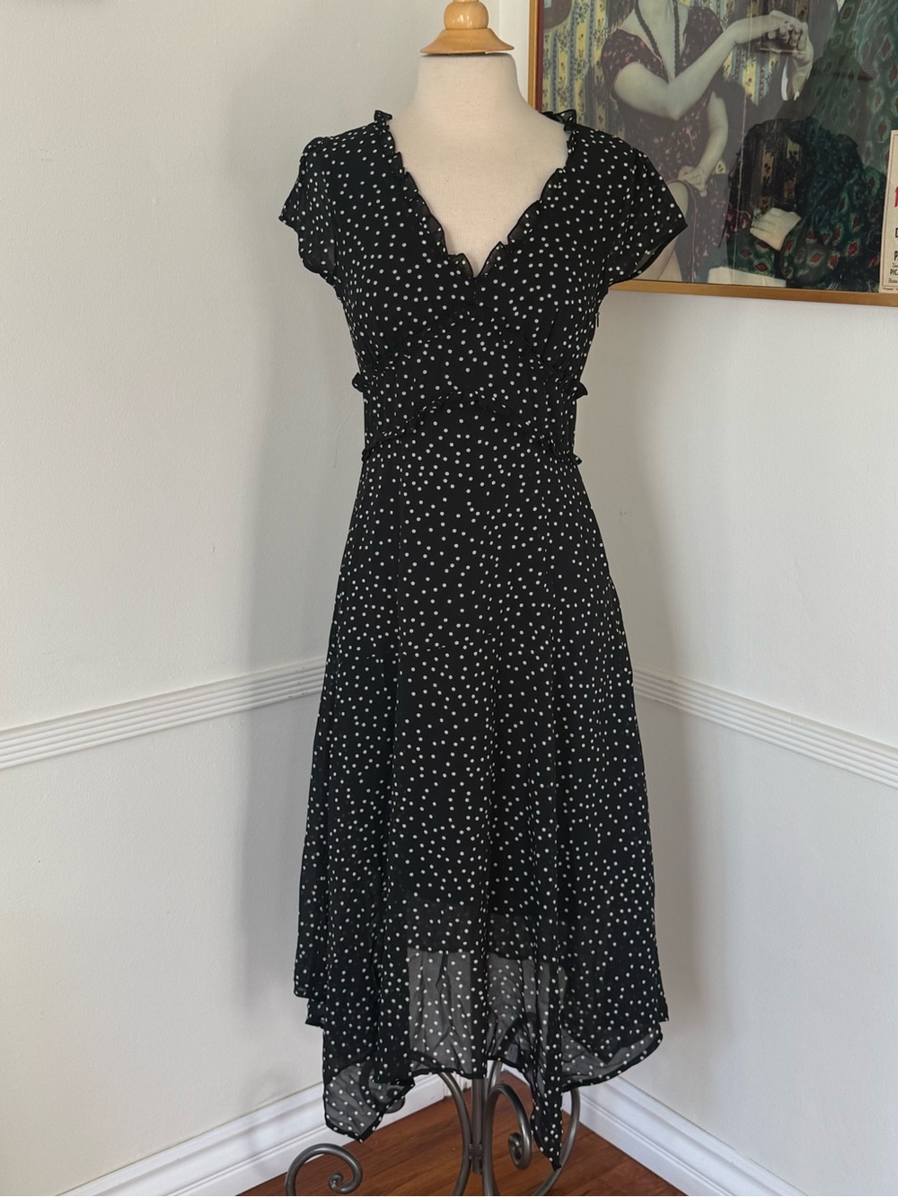 RIHOAS Black Polka Dot Ruffle Midi Dress